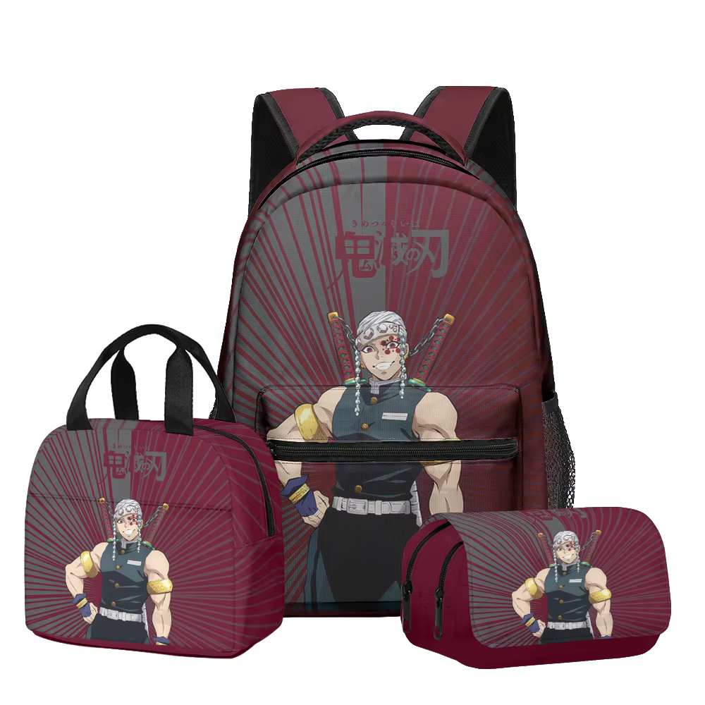 Sac à dos Demon Slayer 3 pièces/ensemble, imprimé dessin animé, trousse à crayons, sac à déjeuner, c