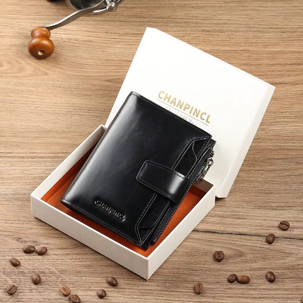 Portefeuille court pour homme CHANPINCL en cuir de vachette italien véritable de première qualité – 