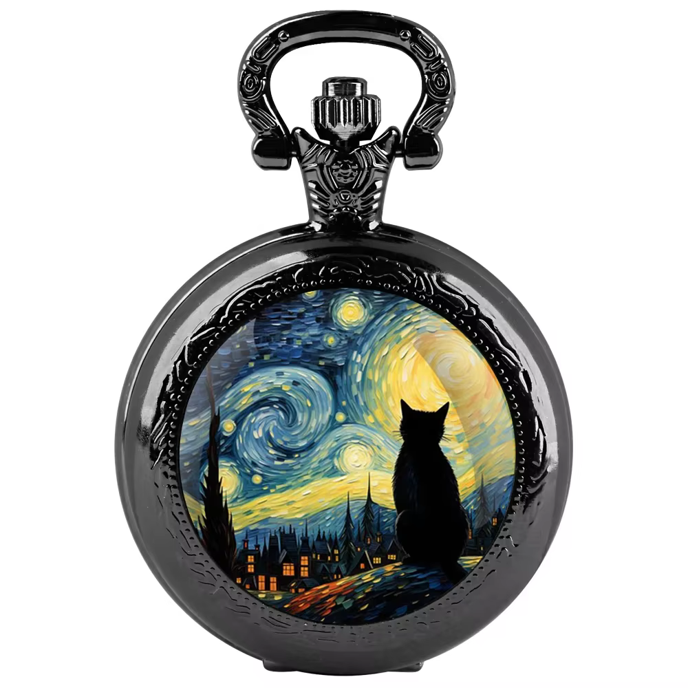Van Gogh chat peinture Art dôme verre Quartz montre de poche hommes femmes collier accessoires horlo