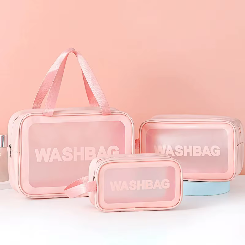 Sac de maquillage et de toilette trois pièces Transparent en Pu, sac de rangement Portable givré Sem