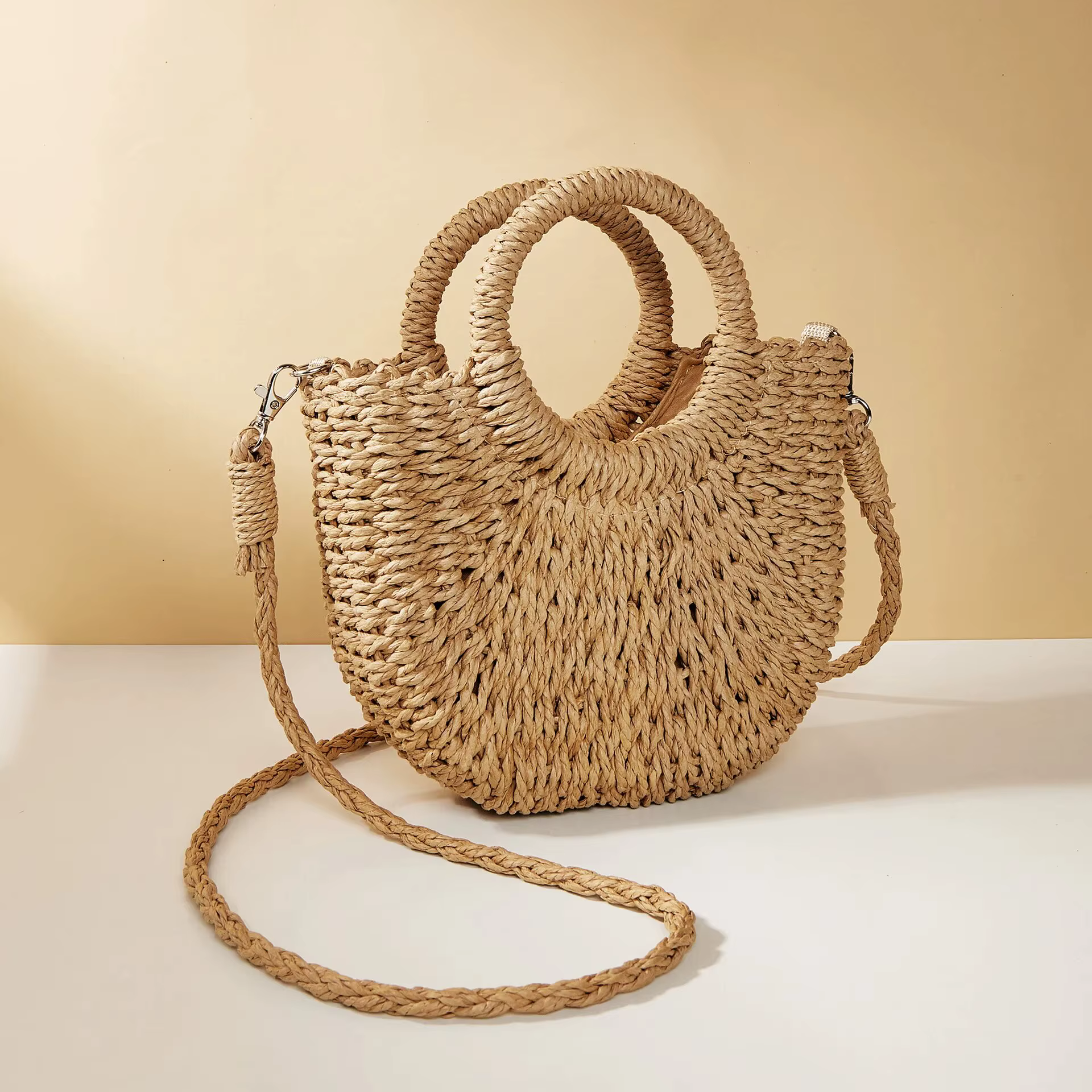 Nouveau Sac de Plage Demi-Lune en Paille et Rotin Tressé à la Main pour Femme, Grande Capacité, Creu