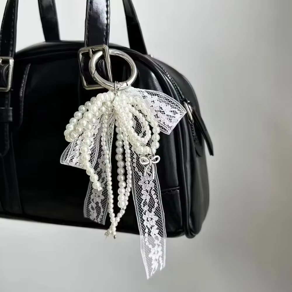 Porte-clés en dentelle mignon, nœud blanc/noir, pendentif de sac, chaîne de téléphone, accessoire d'