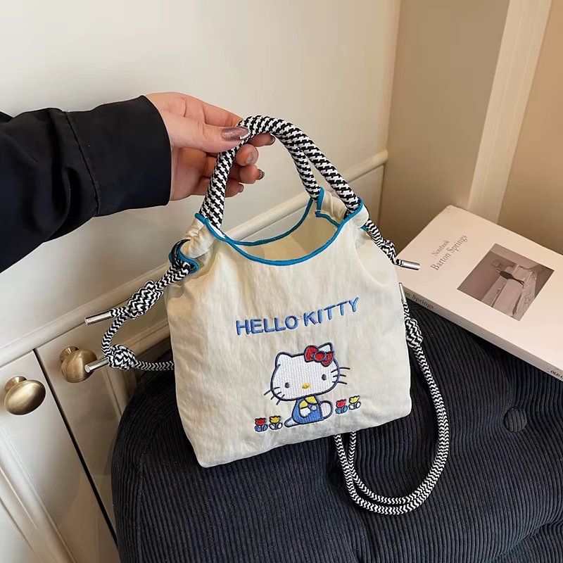 Sac de shopping écologique Sanrio Hello Kitty en nylon brodé carré couleur macaron, à porter à la ma