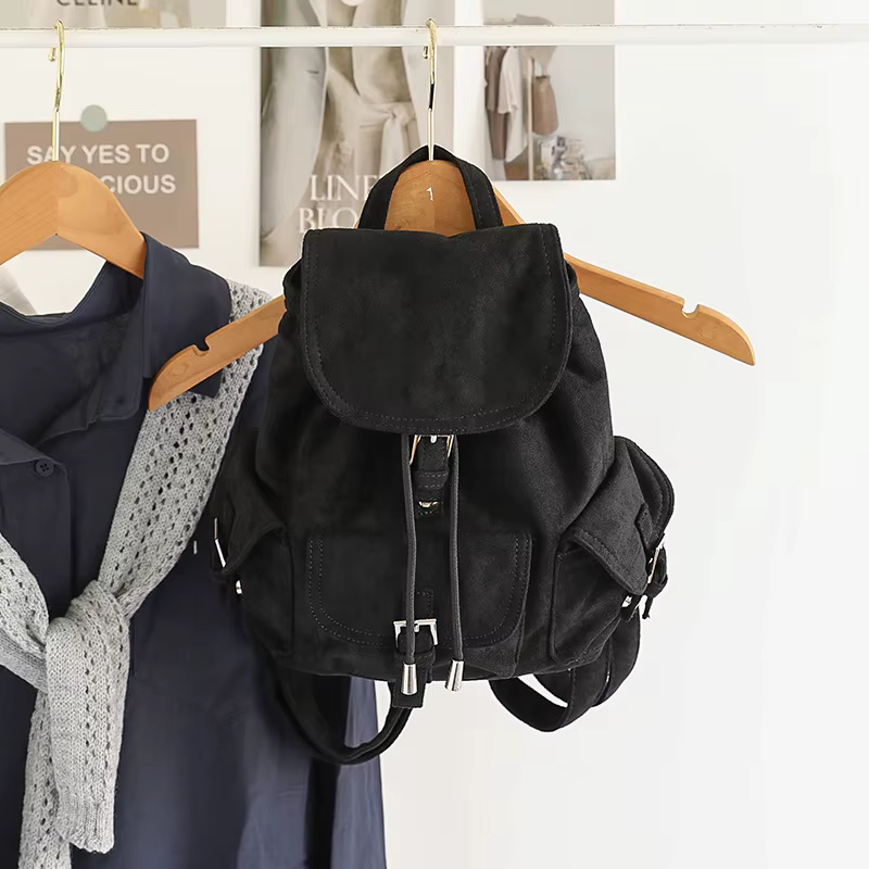 Sac à dos en daim noir pour femme, sac à bandoulière décontracté pour trajets quotidiens, sac de voy