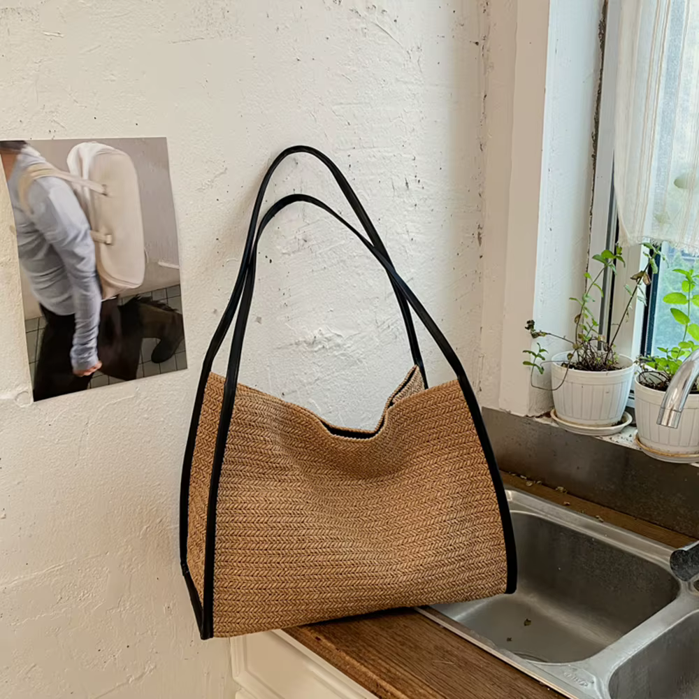 Sac fourre-tout en paille tressé avec garniture en cuir souple, grande capacité, idéal pour les vaca