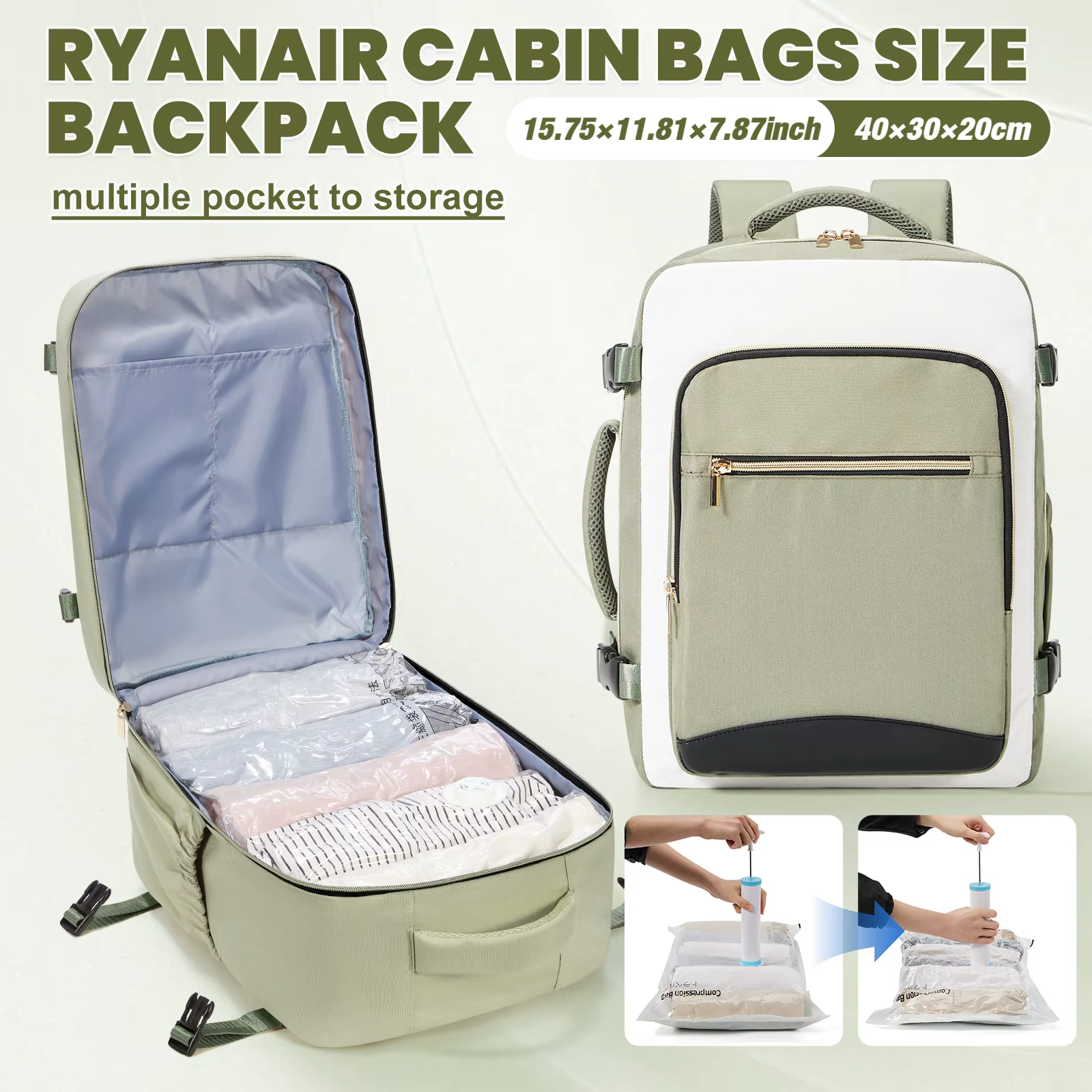 Sac de rangement compressé, sac à dos sous vide pour vêtements 40x20x30 Ryanair sac à dos de cabine 