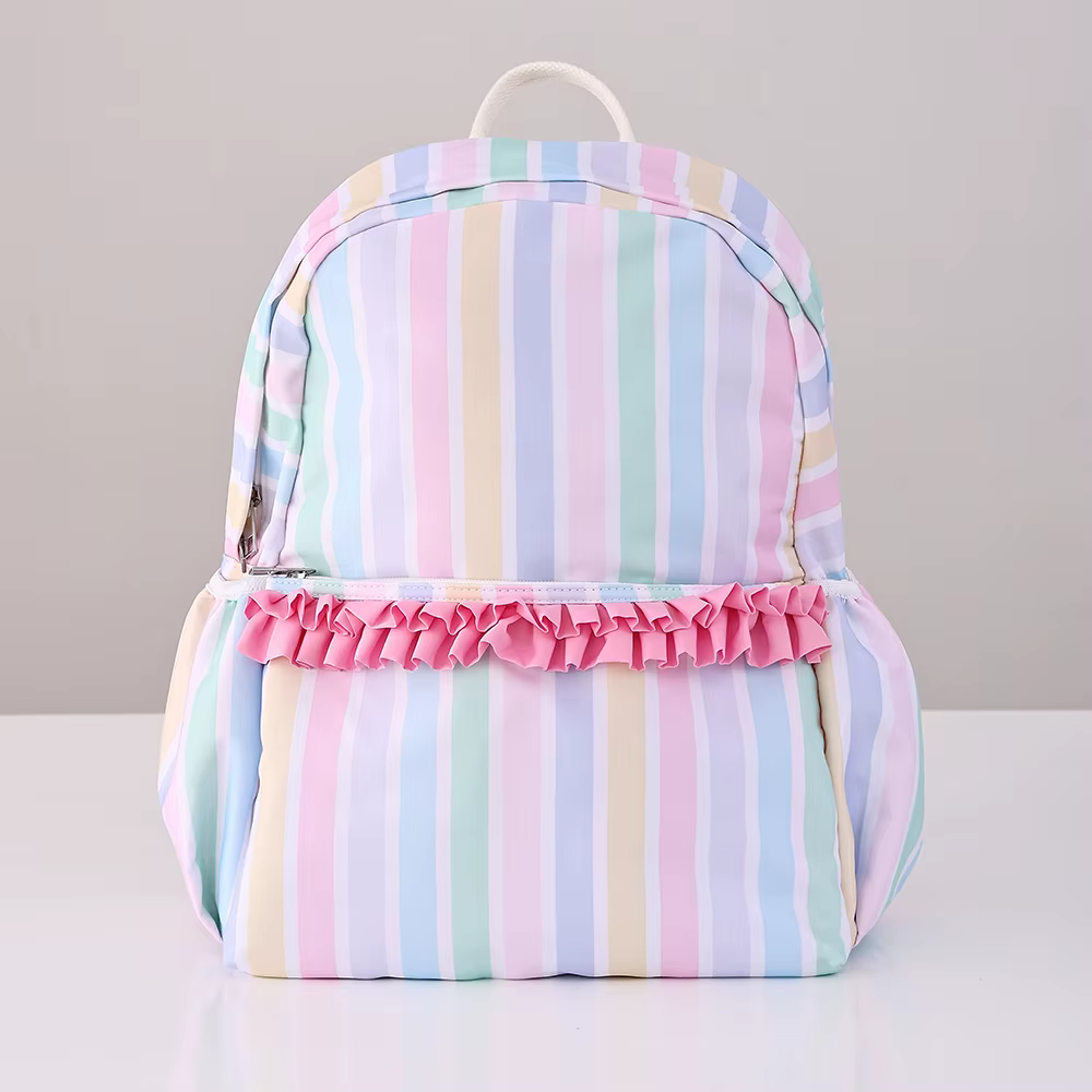Sac à dos rayé arc-en-ciel, cartable de couleur claire avec bretelles réglables et design en dentell