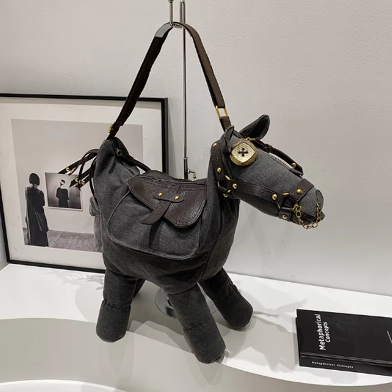 Sac en toile poney décontracté pour femme, sac à bandoulière, grande capacité, mode vintage, créatif