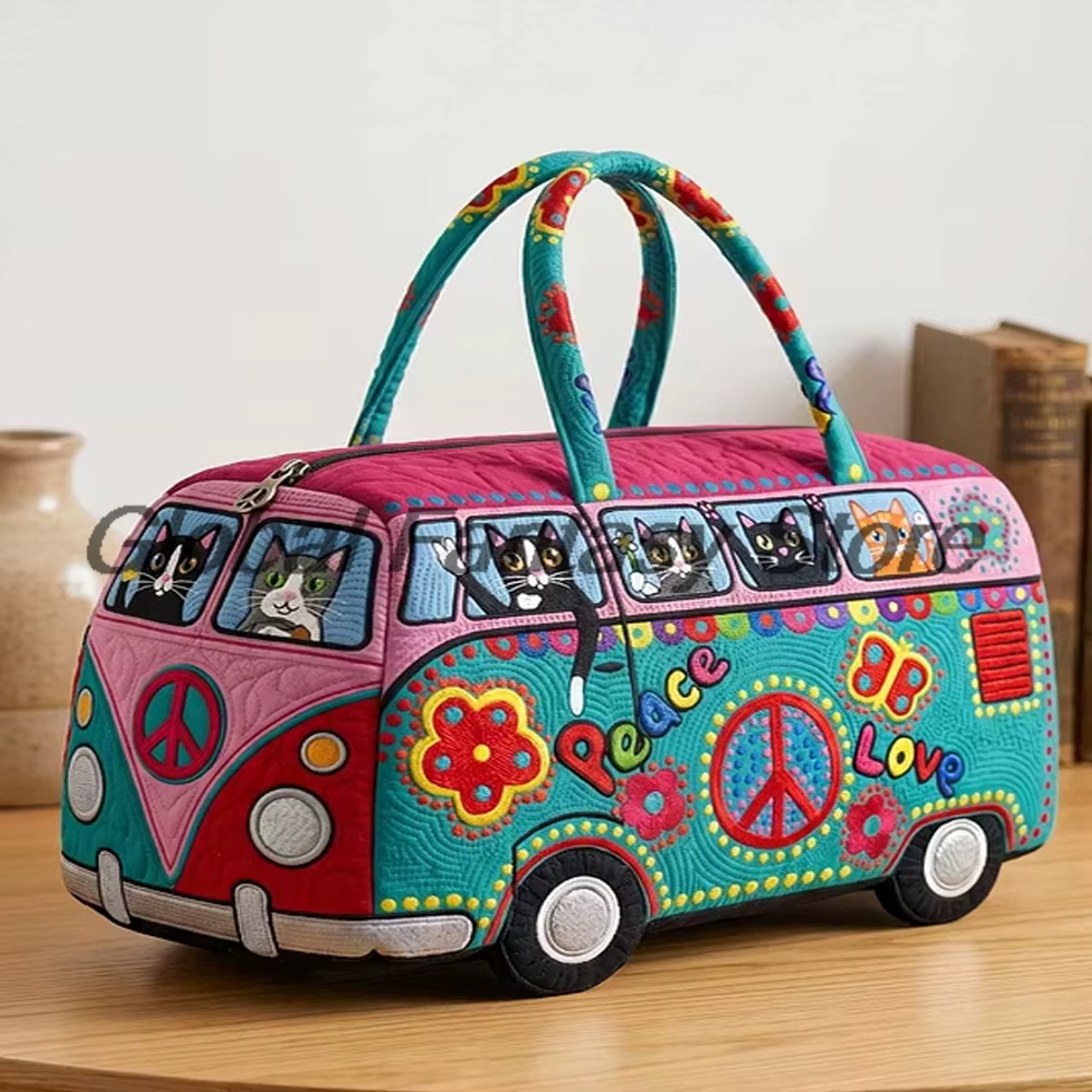 Sac de voyage matelassé Hippie Van And Cat, inspiré de la paix et de l'amour, sac fourre-tout de voy