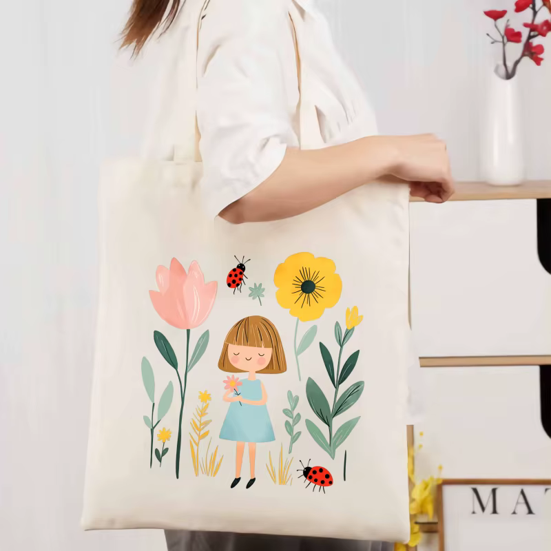 Sac fourre-tout en toile crème avec imprimés fille, fleur et coccinelle pour un usage quotidien et f