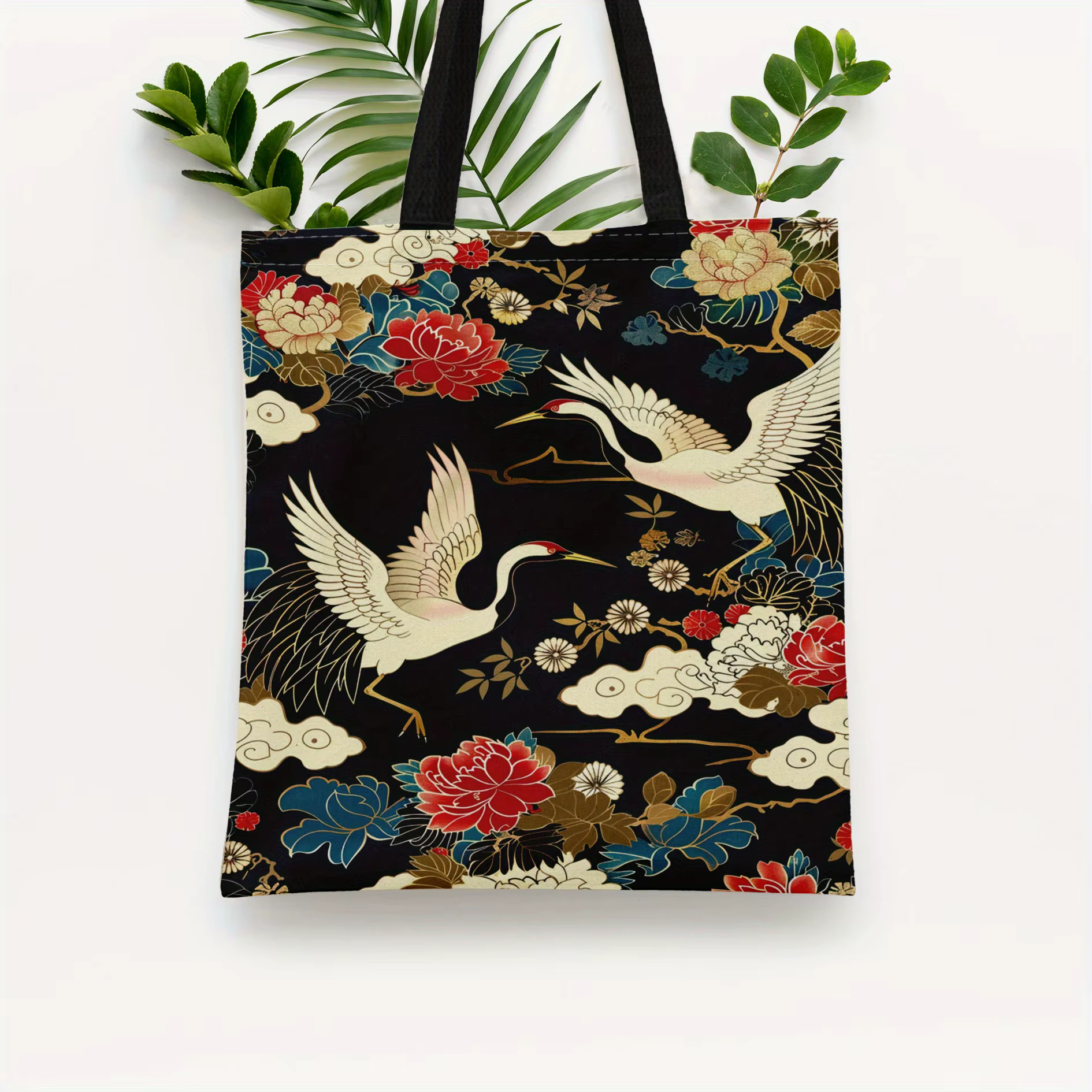 Sac fourre-tout d'inspiration japonaise avec grue et imprimé floral, sans fermeture, sans doublure, 