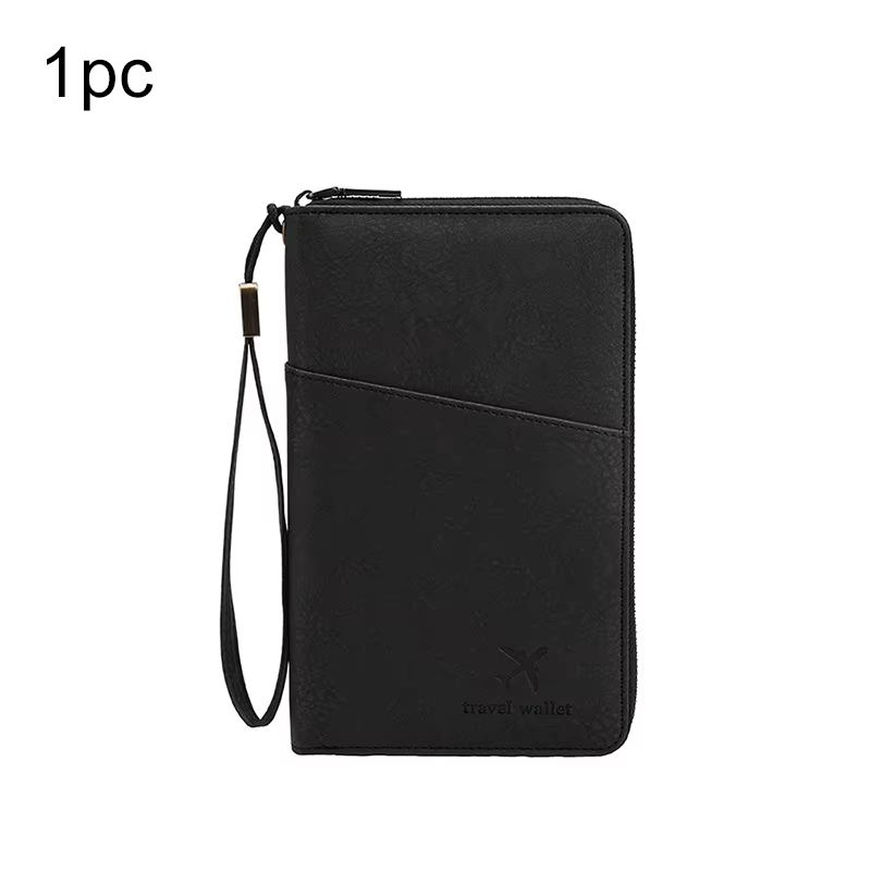 Porte-documents de voyage noir avec fermeture éclair longue, portefeuille de rangement pour billets,