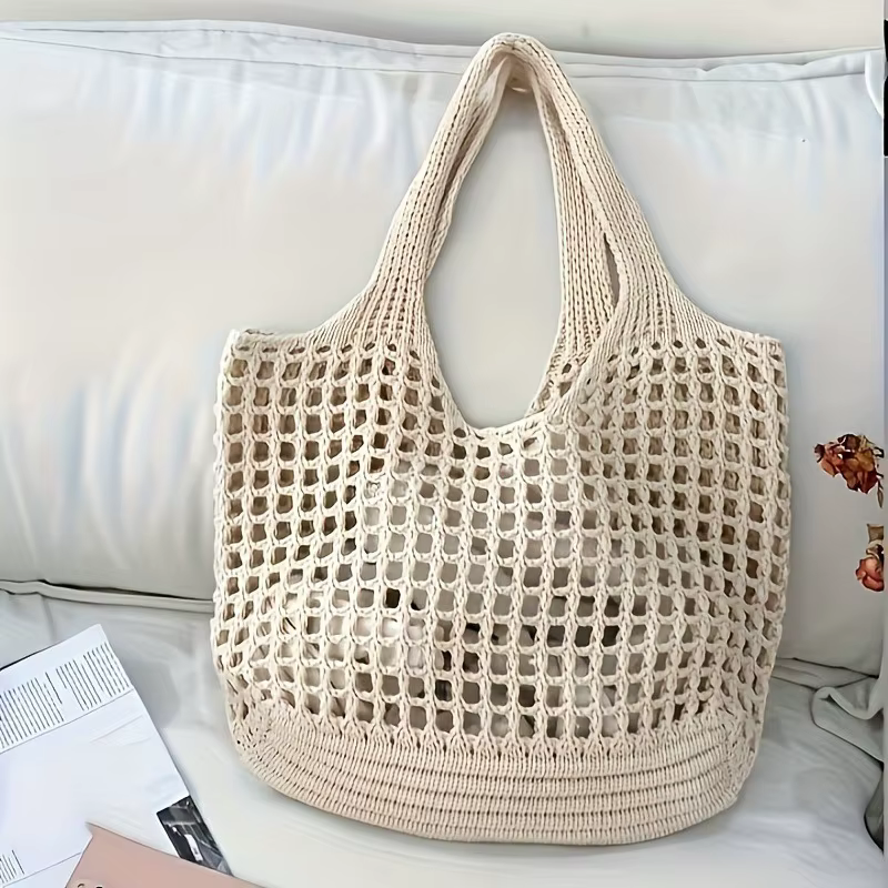 Sac fourre-tout en crochet pour femme, grande capacité, tissé ajouré, avec bandoulière fixe, idéal p