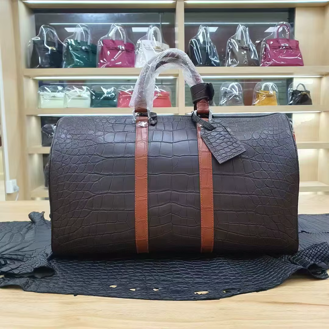 Sac de voyage de luxe en cuir de Crocodile véritable marron, Design 2025, grande taille, peau du ven