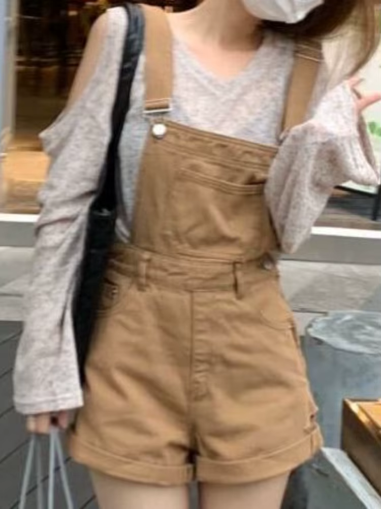Ulzzang – combishort kaki en Denim pour femme, tenue ample, décontractée, Chic, jambes larges, Style