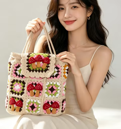 Sac à dos en laine crochetée fait main avec des motifs de cerises, de tournesols, de champignons et 