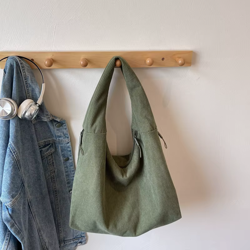    Sacs à bandoulière en velours côtelé vert armée pour femmes, grand sac de shopping écologique pl