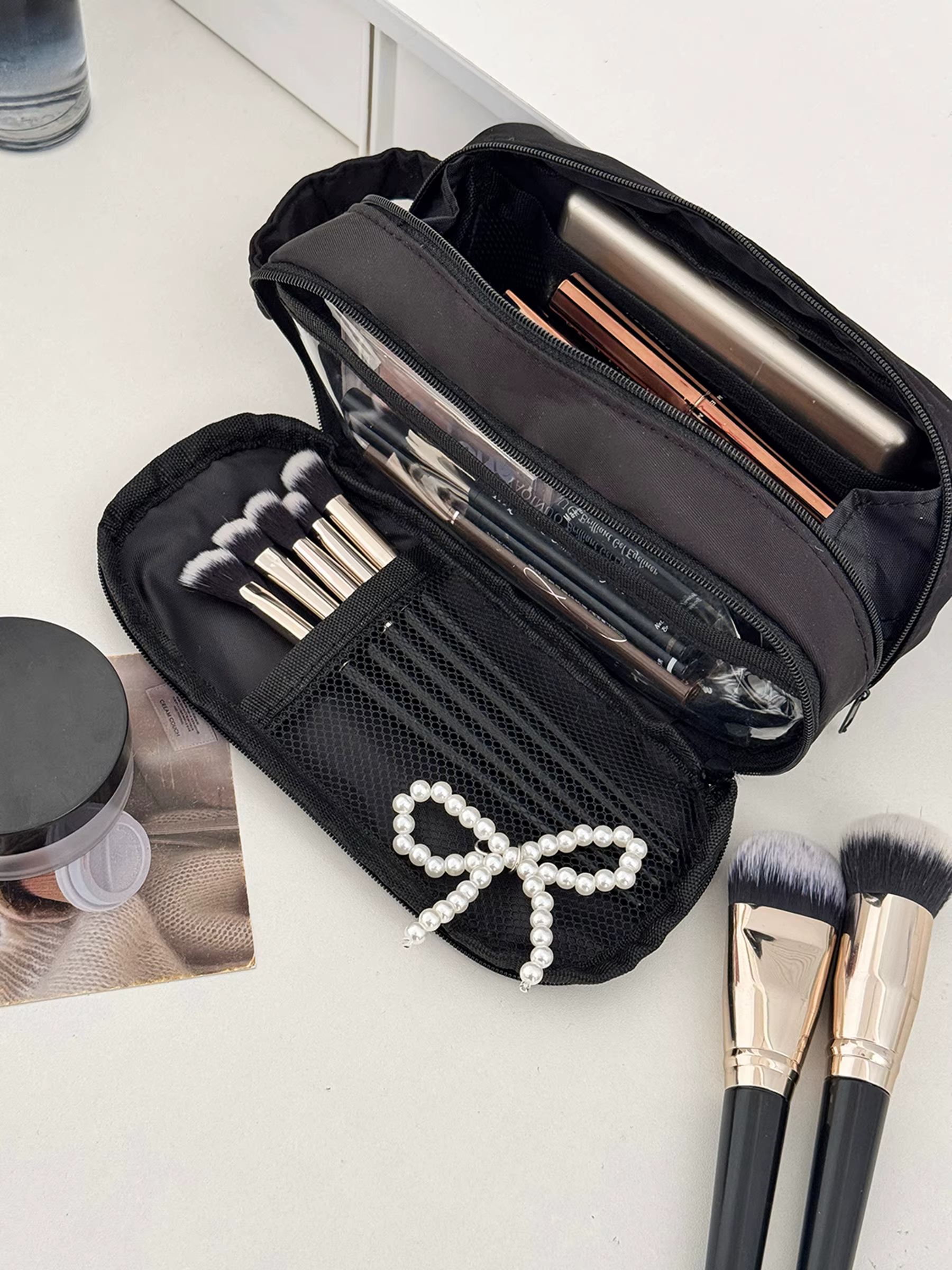 Sac de toilette noir Airfriend, sac de maquillage de luxe pour voyage avec poignée, sac de maquillag