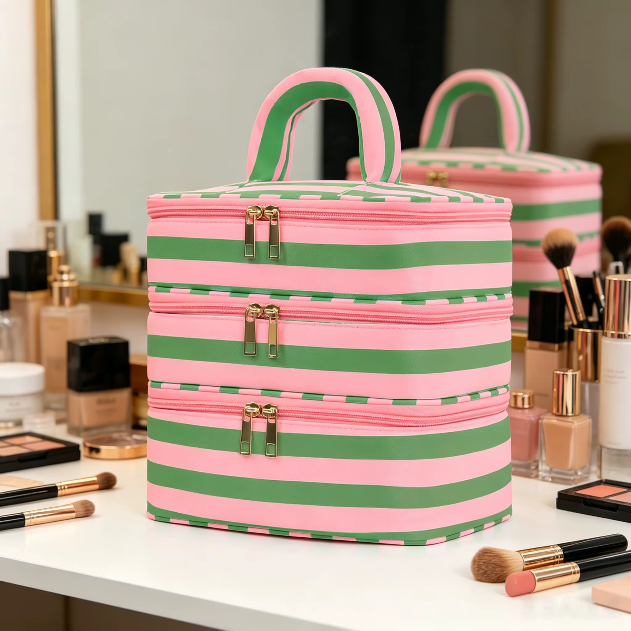 Grande trousse de maquillage à 3 couches avec poignée, trousse de maquillage de voyage, organiseur d