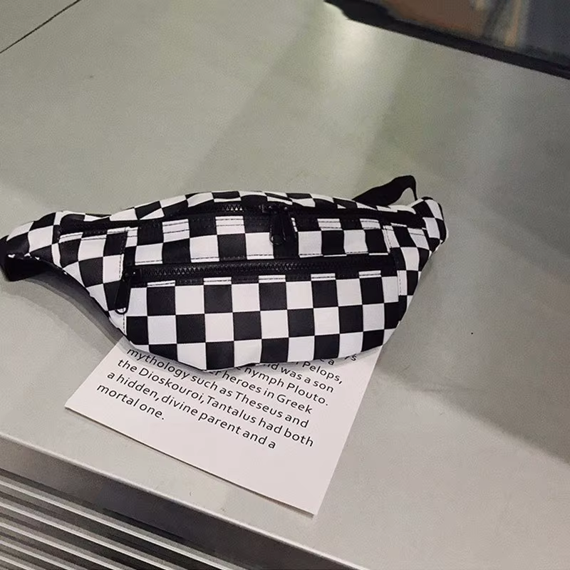 Nouveau sac de taille à la mode à carreaux noir et blanc avec doubles fermetures éclair et sac à ban