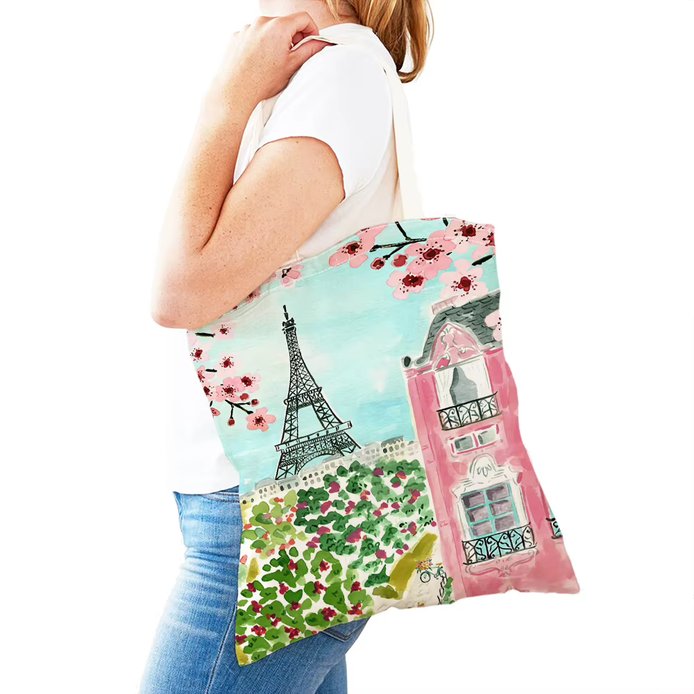 Sac de shopping en toile à double impression pour femme, sac à main, fourre-tout, décontracté, voyag