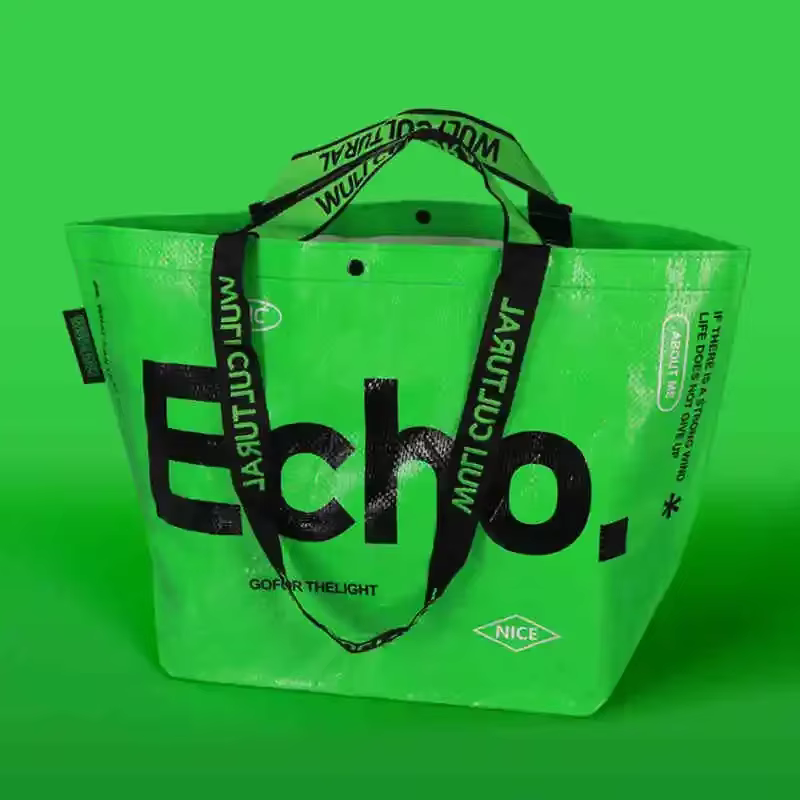 Sac de courses tissé en PP, sac à bandoulière de couleur verte, fourre-tout réutilisable et étanche,