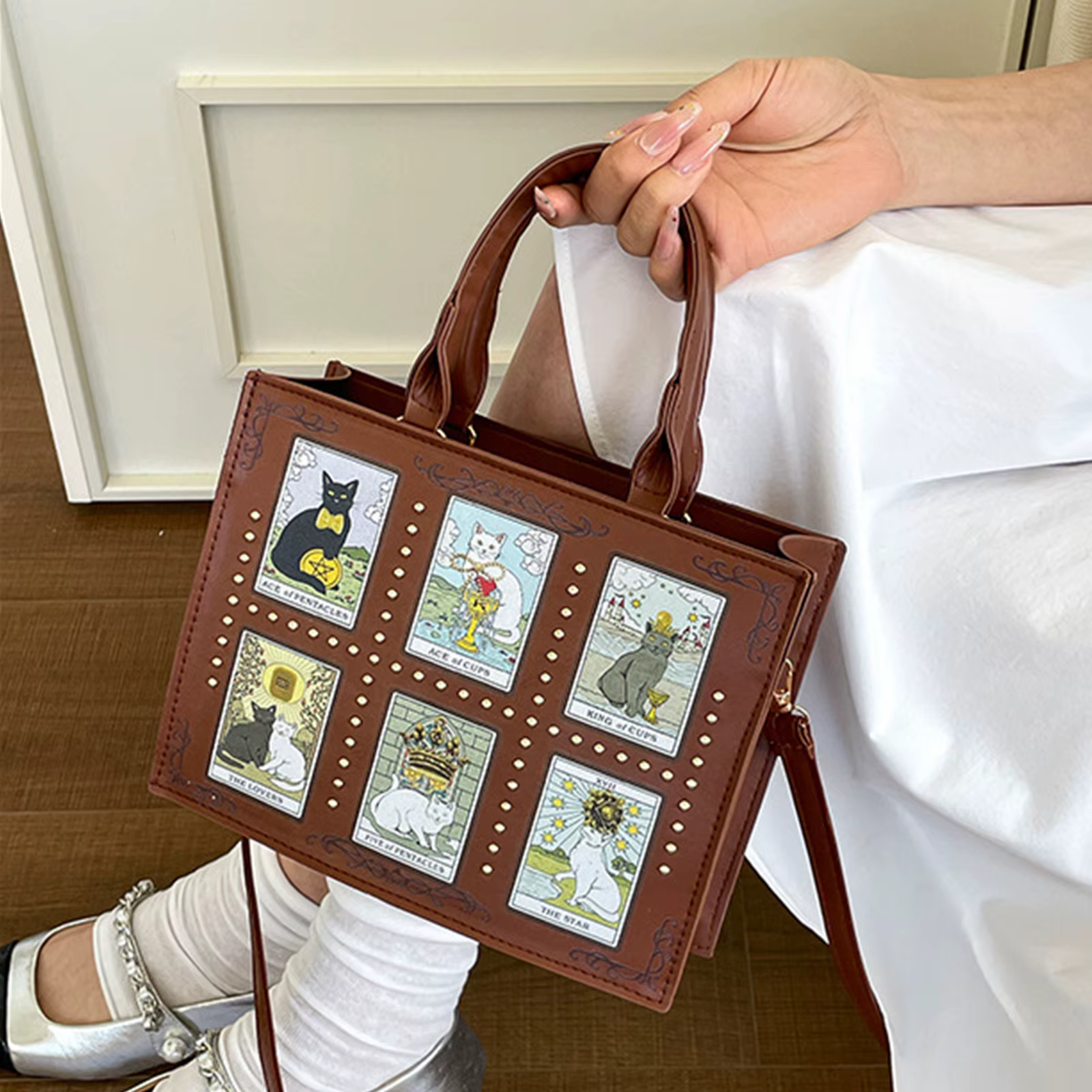 Sac fourre-tout carré pour femme avec bandoulière réglable, sac à bandoulière en cuir PU à thème cha