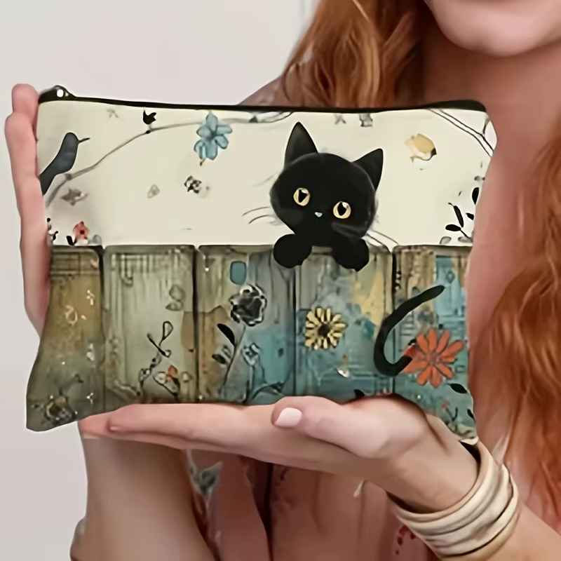 Pochette florale à fermeture éclair pour chat noir – Trousse à cosmétiques durable et résistante à l