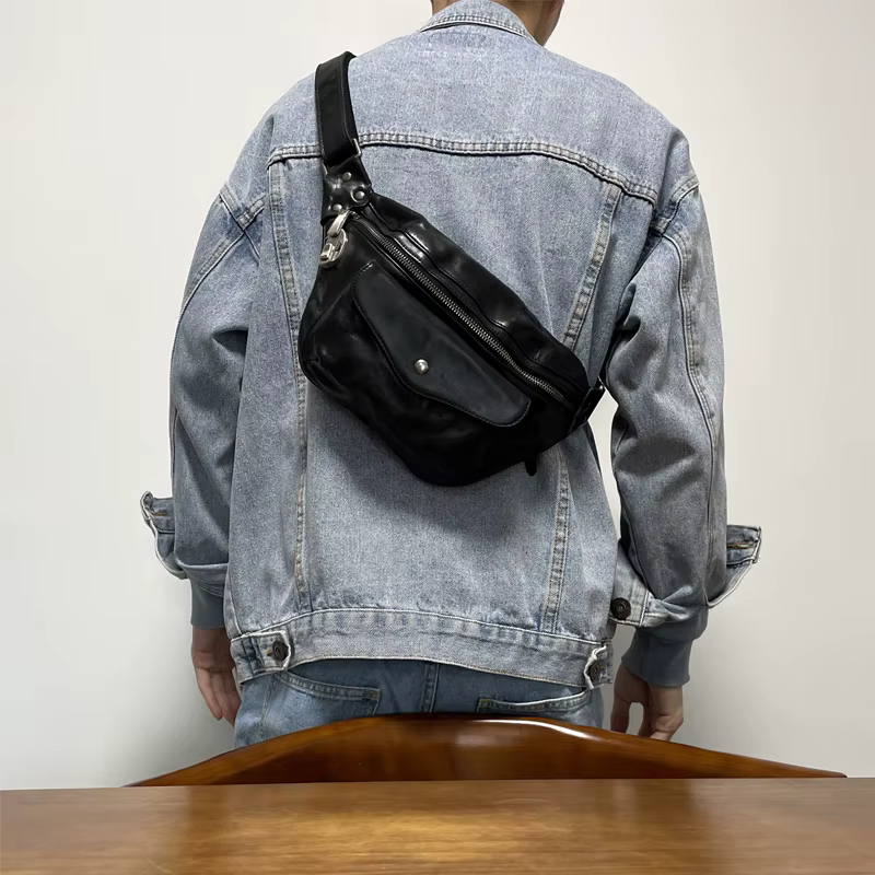 Sac de poitrine décontracté en cuir de vache pour hommes, première couche, mode fête en plein air, s