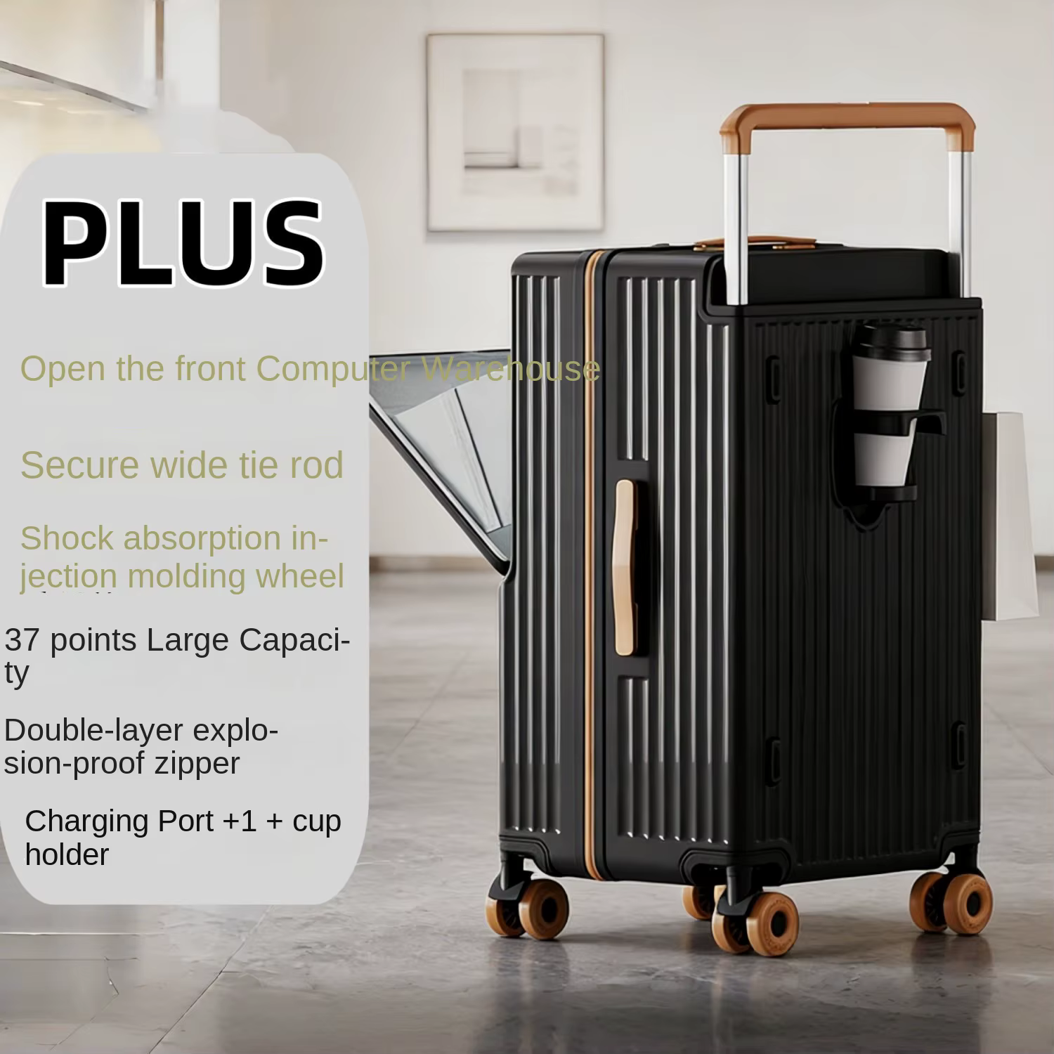 Valise de voyage grande capacité avec ouverture frontale, porte-gobelet et port de charge, poignée l