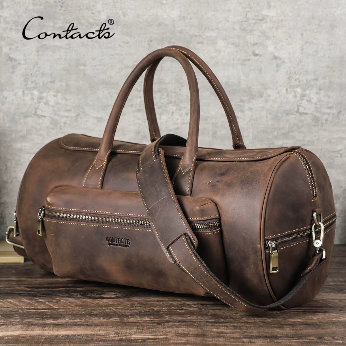 CONTACT'S-Sac à bagages fourre-tout en cuir véritable pour homme, sac de voyage pour homme, sac à ba