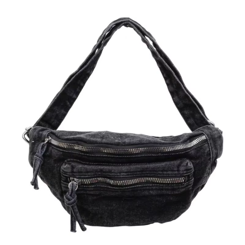 Sac banane vintage en jean délavé pour femme, multi-poches, avec bandoulière réglable, idéal pour le