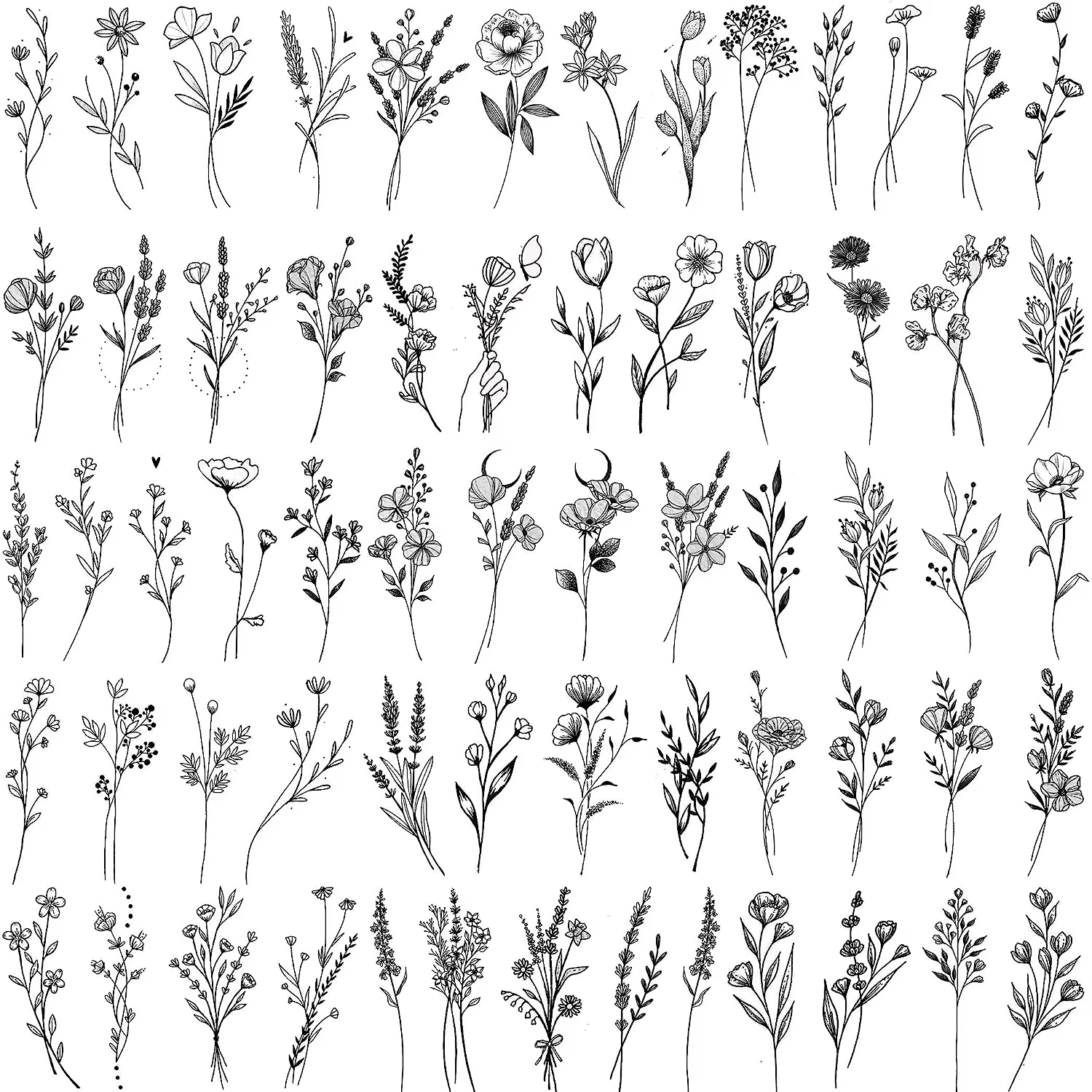 15 feuilles noir minuscule branche de lavande tatouages temporaires pour femmes fille, petits Bouque