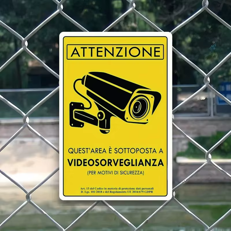 Plaque en métal - Panneau d'avertissement de vidéosurveillance italienne vintage, durable, pour déco