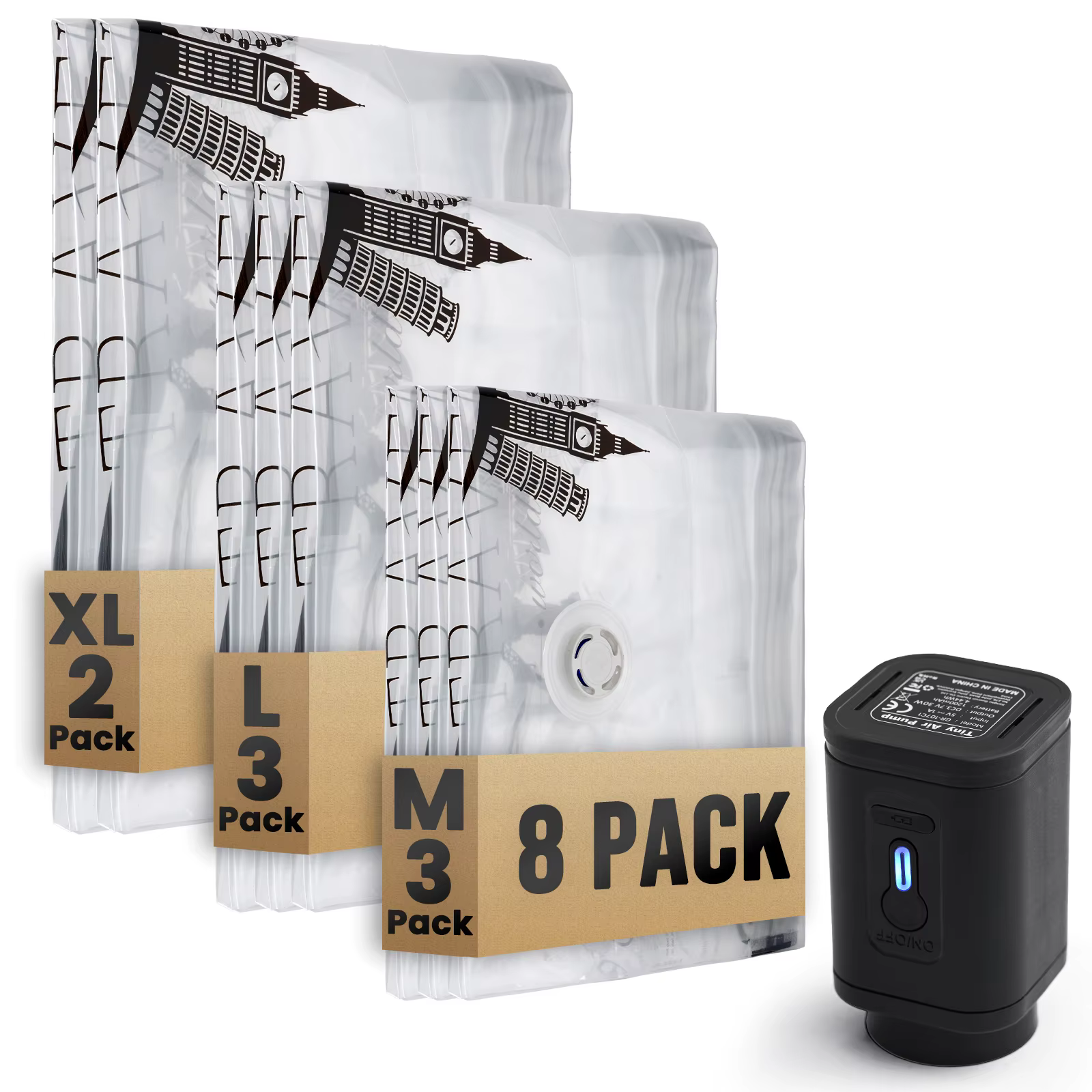TAILI Lot de 8 sacs de rangement sous vide de voyage avec pompe électrique, sacs de compression pour