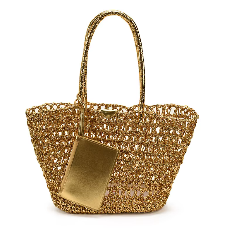Sac fourre-tout en paille crocheté à la main, style bohème, doré, grande capacité, sac de plage d'ét
