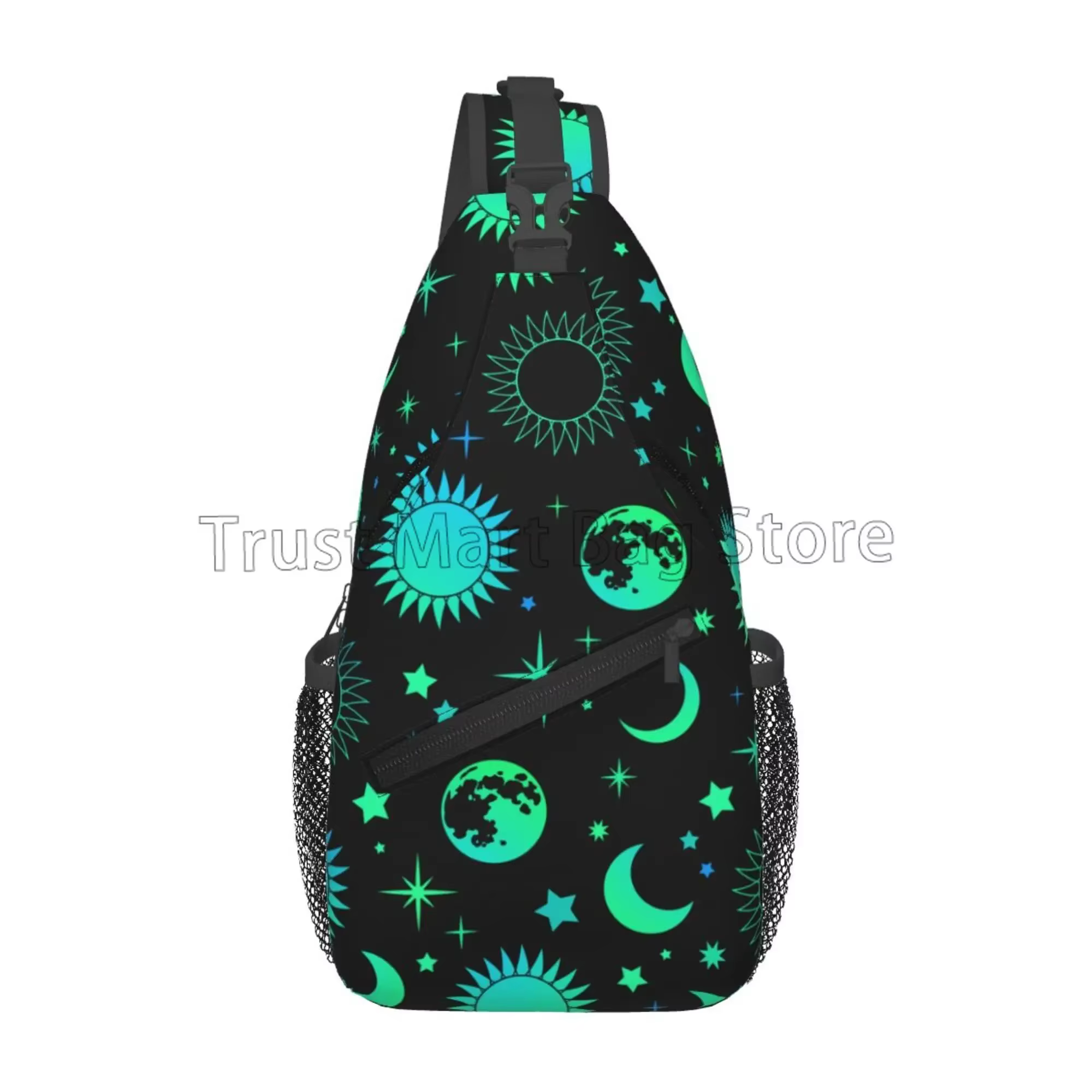 Vintage néon vert ésotérique soleil lune imprimé fronde sac à dos épaule poitrine sac à bandoulière 