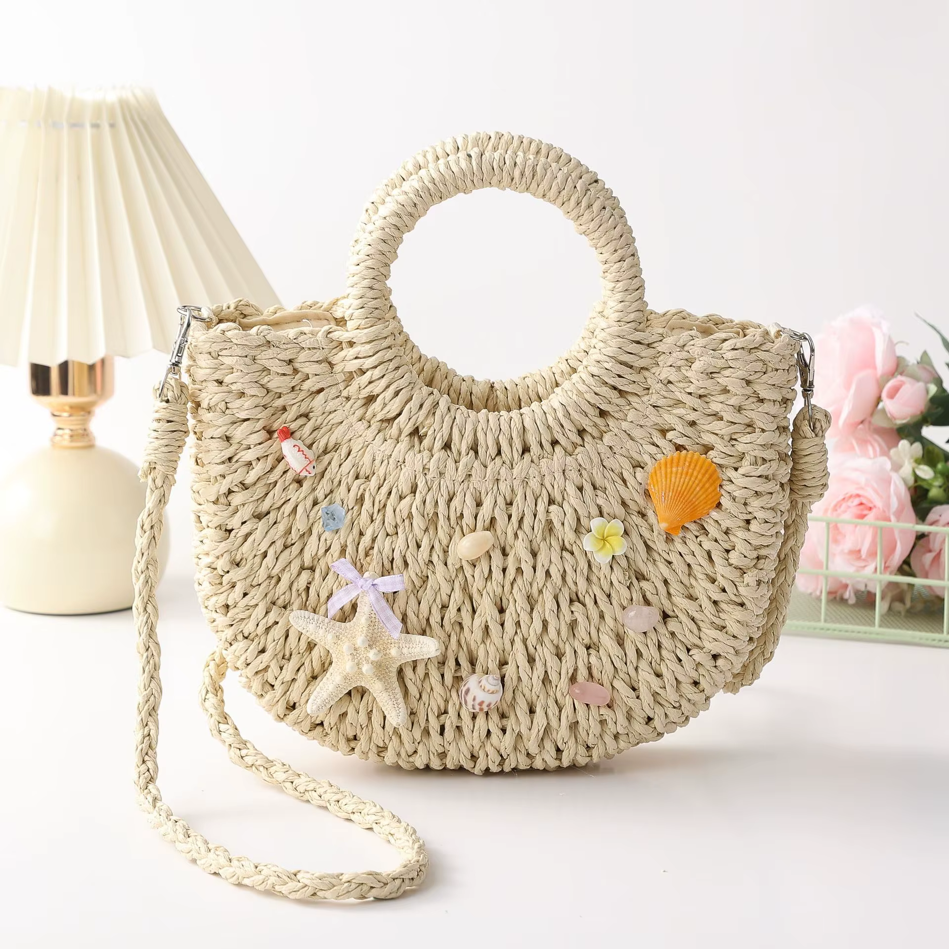 Sac bandoulière élégant en paille tressée pour femme, sac de plage d'été avec décorations étoile de 