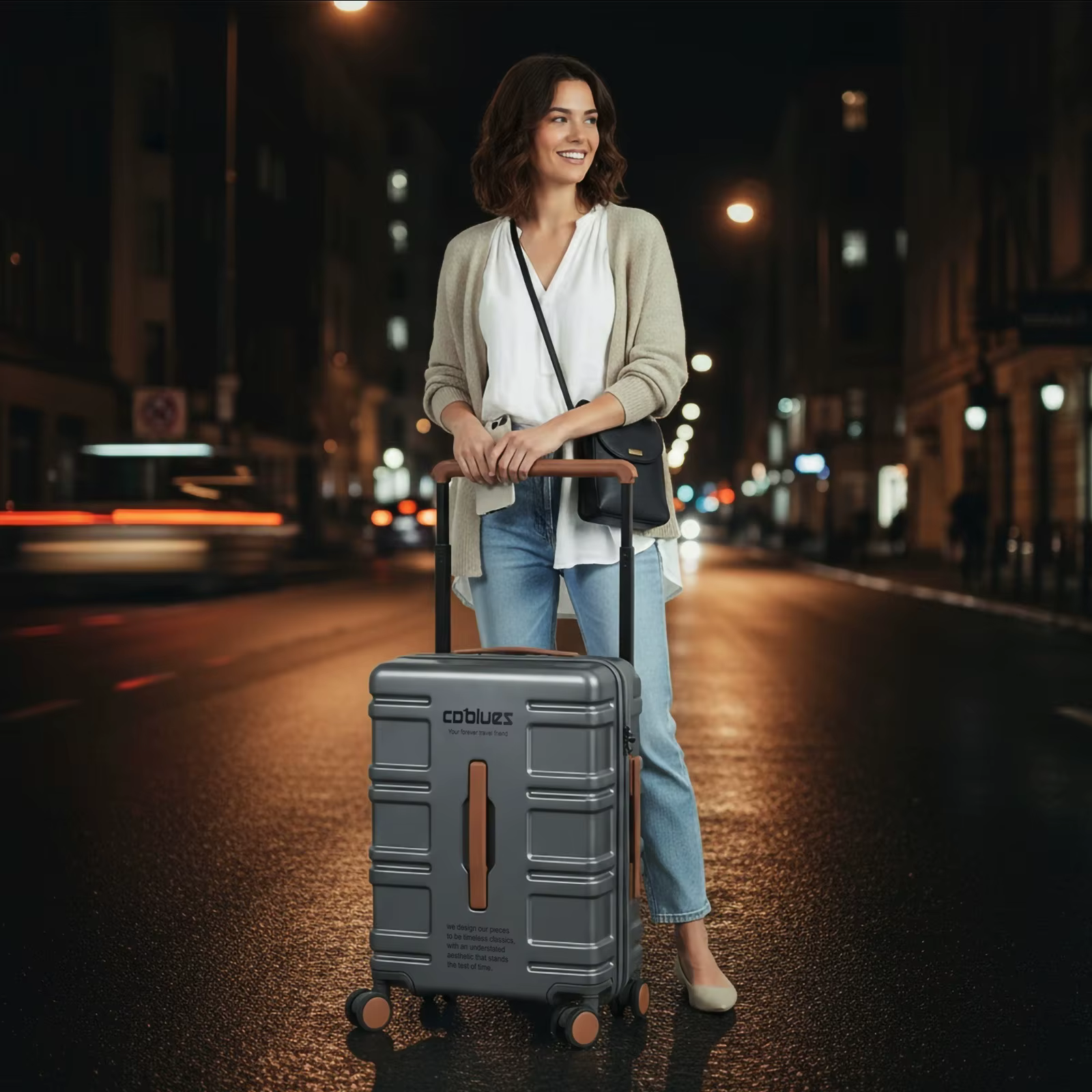 Valise à roulettes grande capacité en PC pur avec poignée large, légère, avec serrure douanière, rou