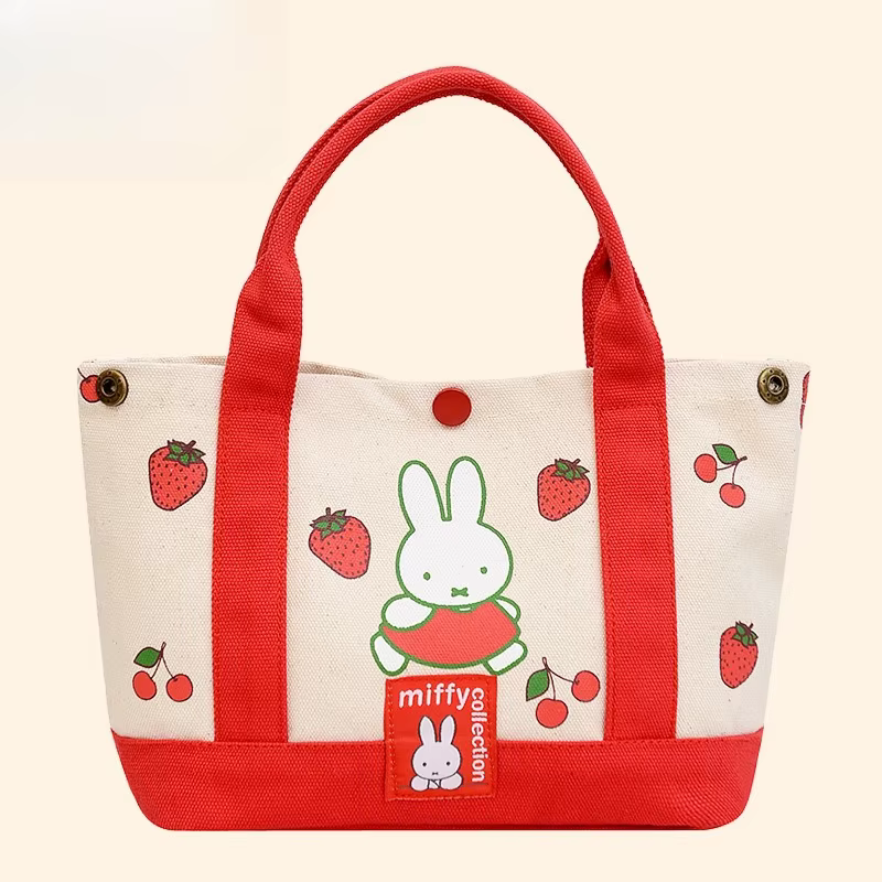Sac à main en toile grande capacité avec broderie fraise de la série Miffy, motif de personnages de 
