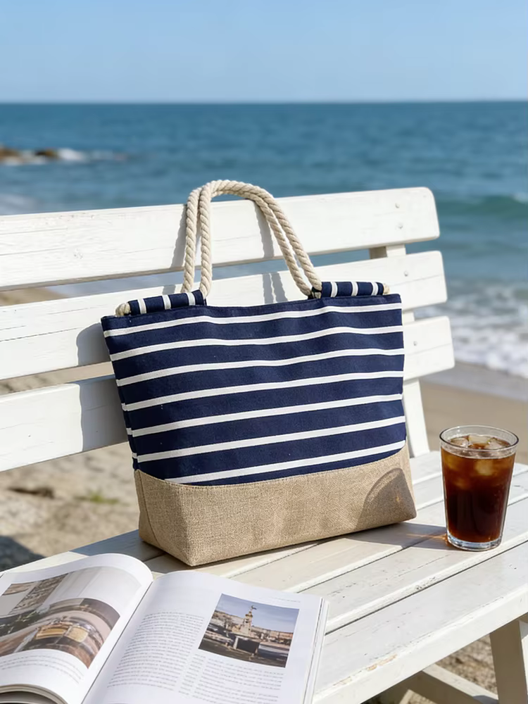 Sac fourre-tout pour femme à rayures bleues de style bohème vintage, parfait pour les voyages, le sh