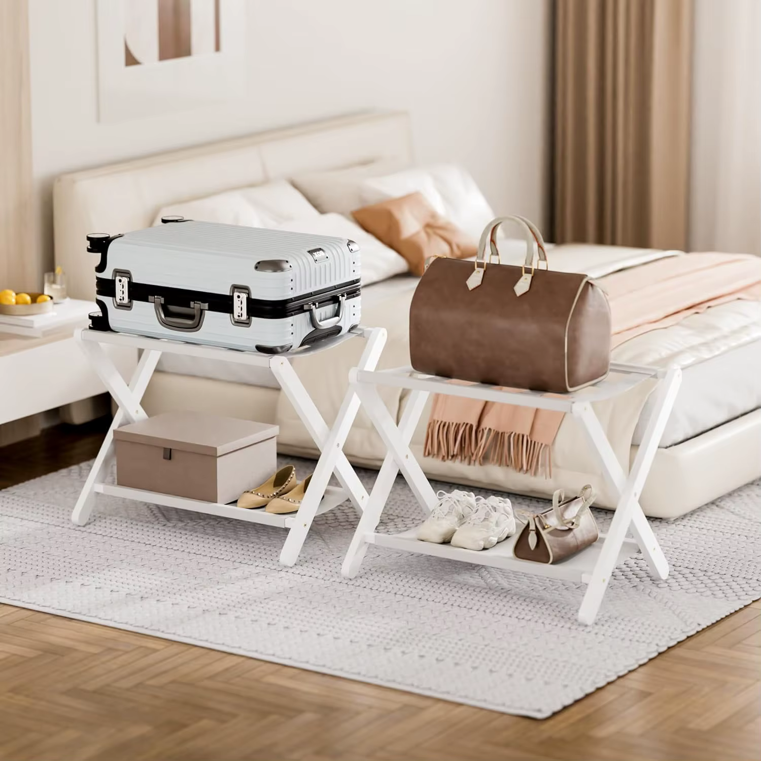 Support de valise pliant blanc avec étagère de rangement, porte-bagages en bambou avec 5 sangles en