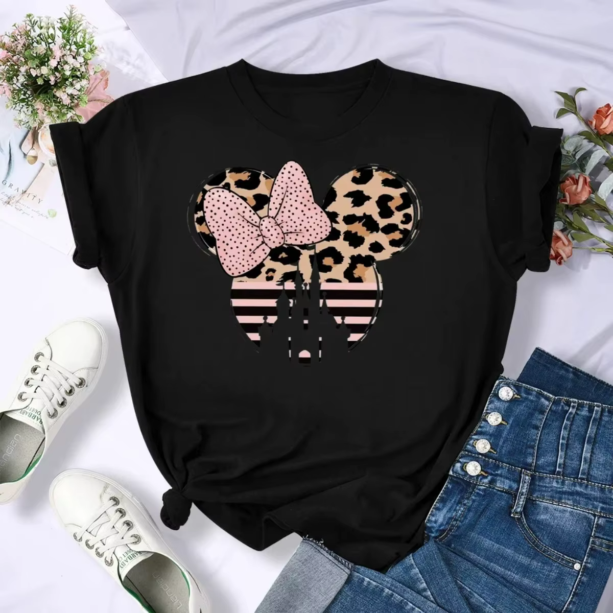 T-shirt Kawaii Disney pour femmes, à la mode, imprimé léopard Minnie, à manches courtes, Harajuku, v