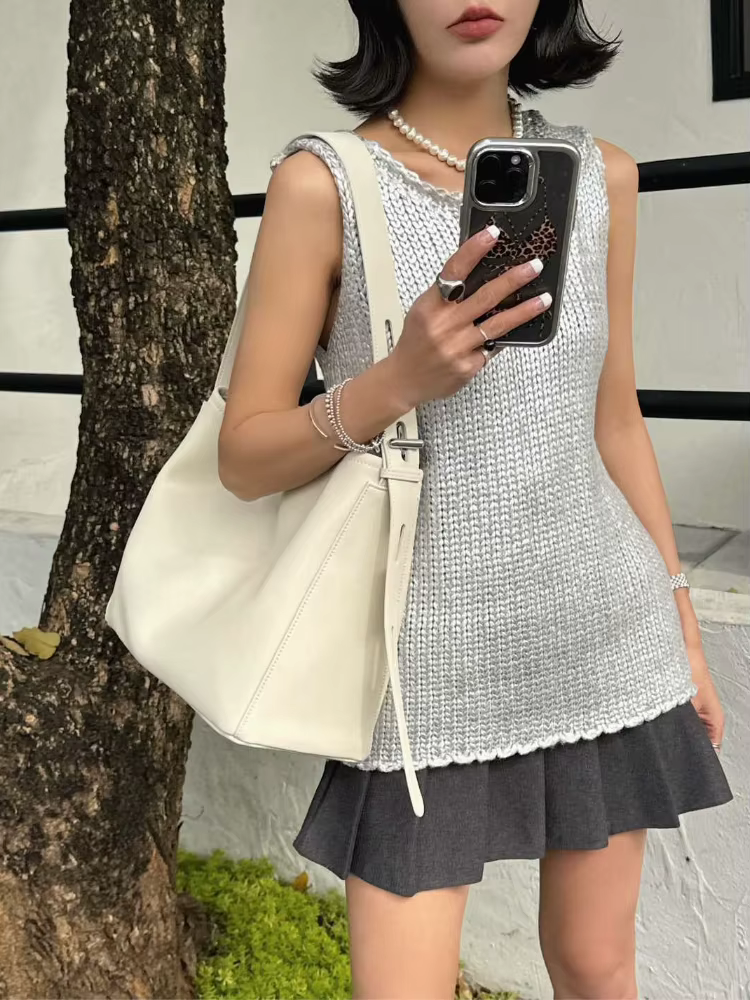 Poignée réglable seau fourre-tout grande capacité brillant Kakhi couleur Beige cireux cuir de vache 