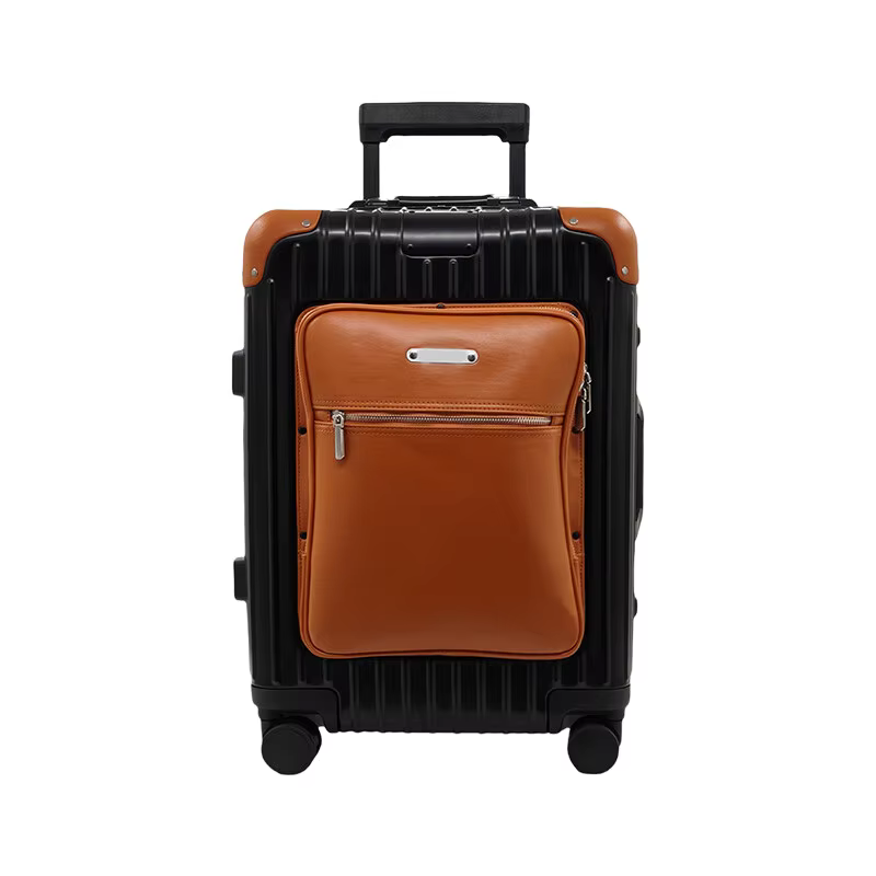 Valise à bagages tout en aluminium de 20 pouces avec compartiment avant en cuir - Valise de voyage r