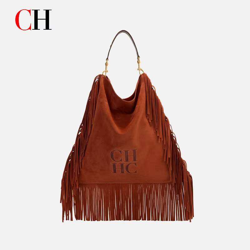 Sac Hobo en Daim Vintage Western CH pour Femme avec Lettres Gaufrées et Grandes Franges – Sac à Band