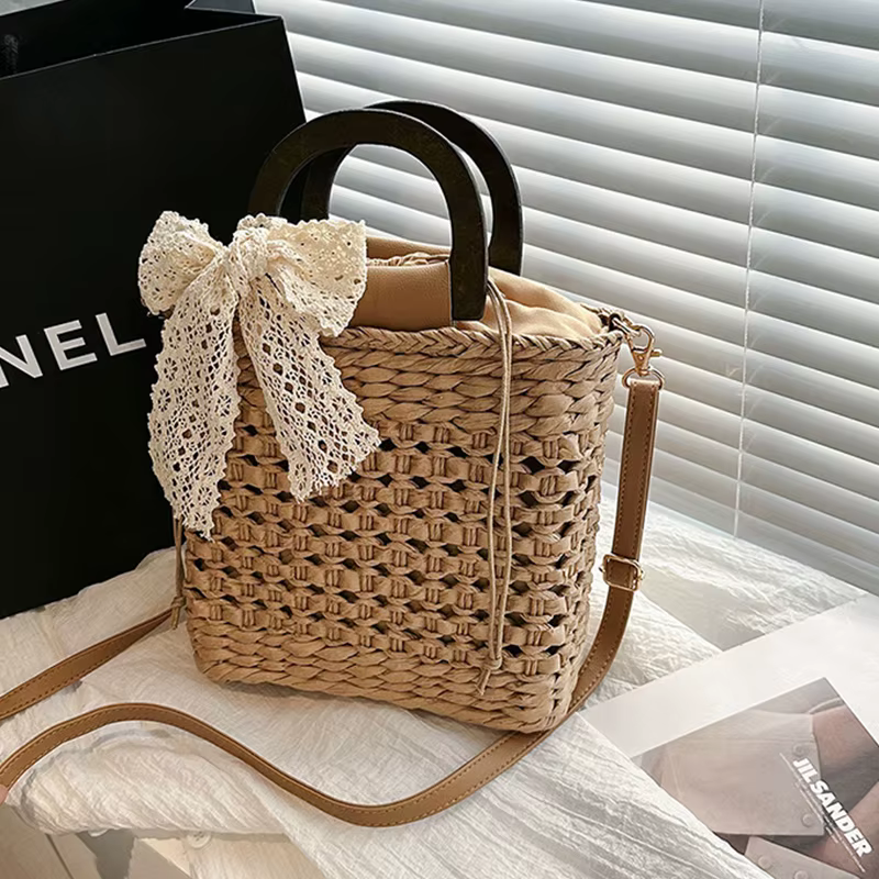 Sac à main en paille tissé à la main pour femmes, petit sac carré, forme de dentelle, nœud en rotin,