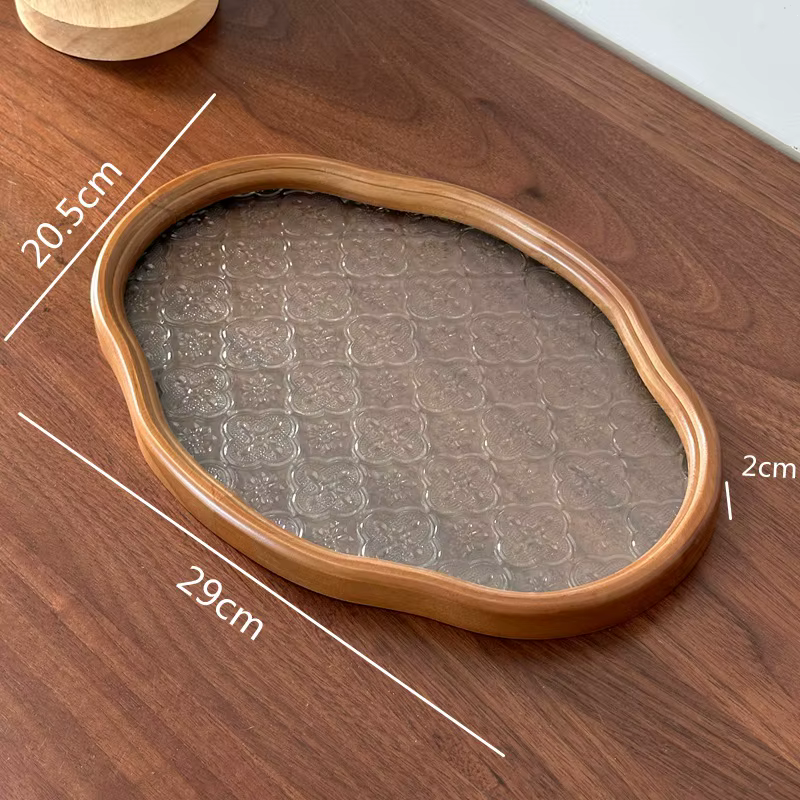 Plateau en bois vintage avec verre gaufré, plateau décoratif en forme de nuage irrégulier, plateau d