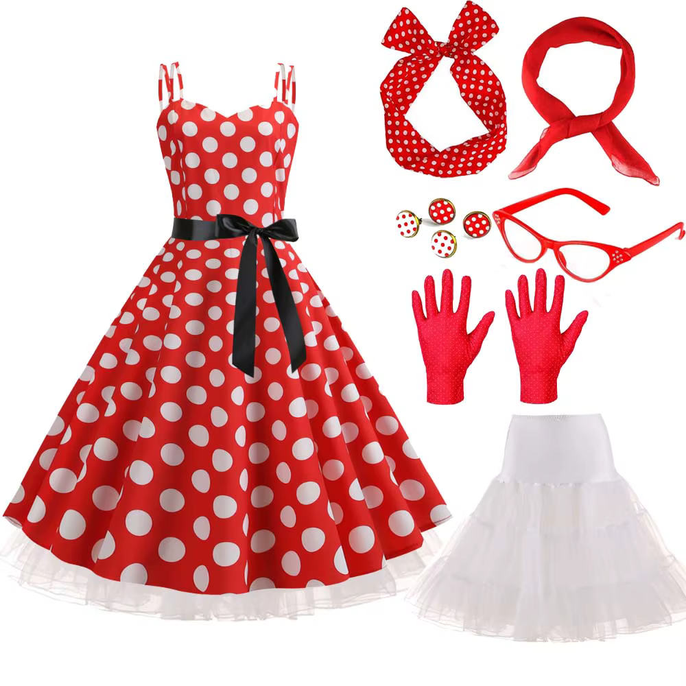 Ensemble de costumes de carnaval des années 1950 et 60, robe à pois pour femmes, avec sous-jupe de 6