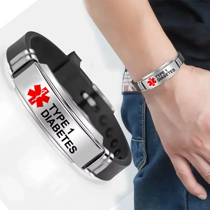 Bracelet d'identification d'alerte médicale réglable en Silicone, pour le diabète de Type 1, hommes 